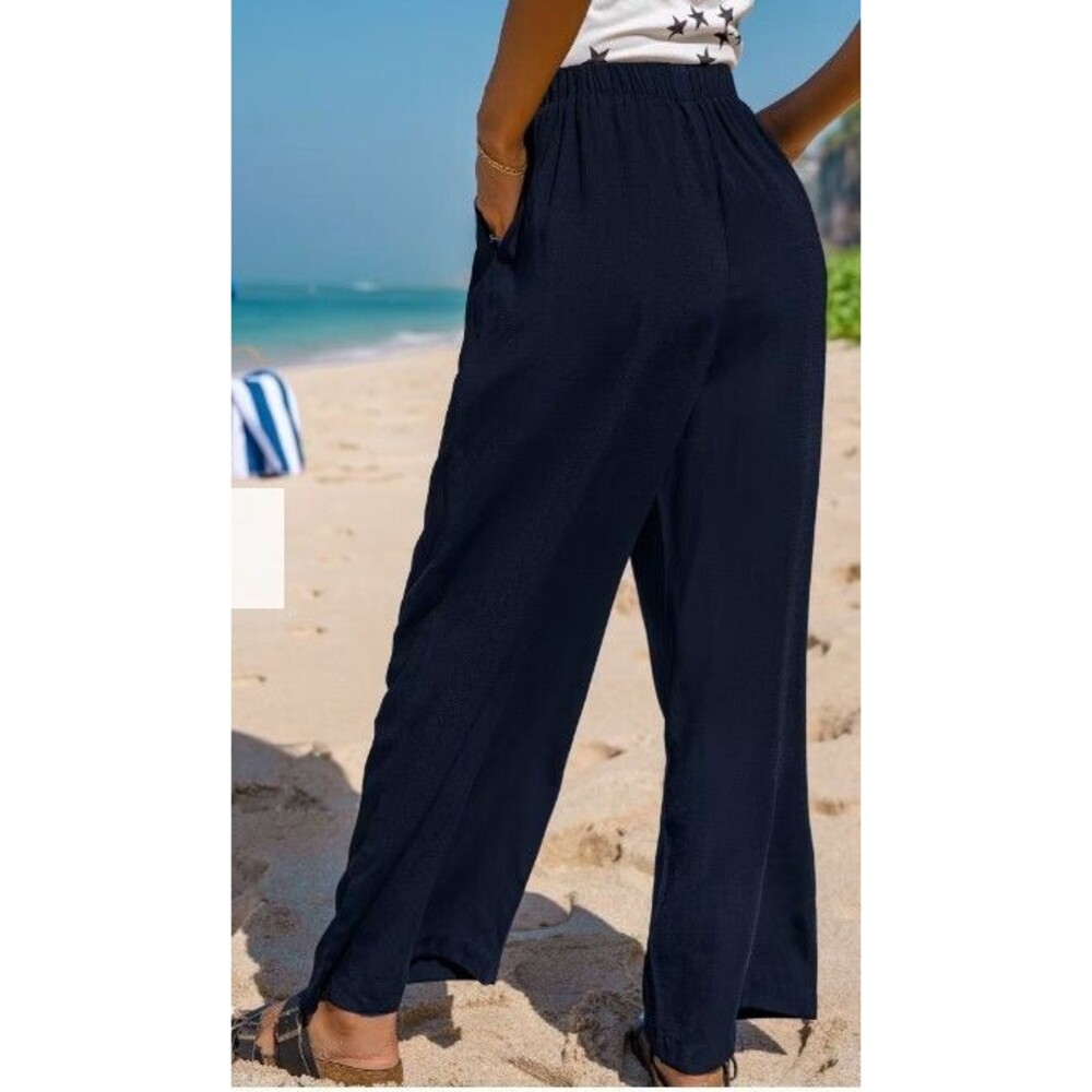 NWT - Cupshe Womens Navy Blue Wide Leg Pants Beach Casual Pull On Lightweight- M - Picture 3 of 7